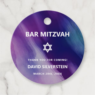 Modern Purple Blue Star David Bar Mitzvah Hebrew Favour Tags