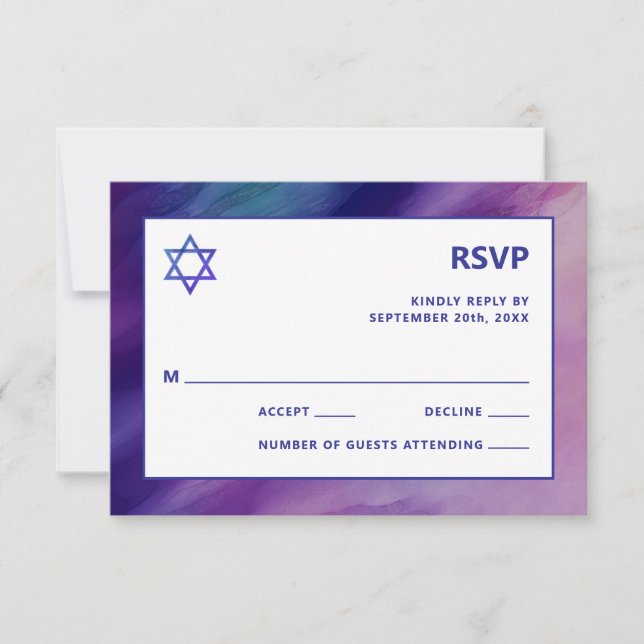 Modern Purple Blue Star David Bar Mitzvah Hebrew RSVP Card (Front)