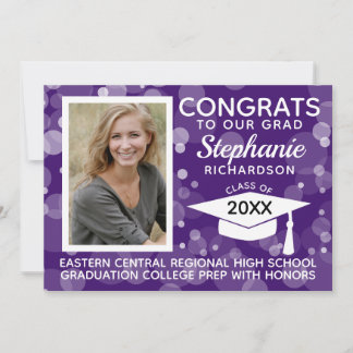 Modern Purple Bokeh Bubbles Photo Graduation Invitation