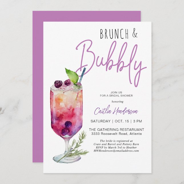 Modern Purple Brunch and Bubbly Bridal Shower Invitation (Front/Back)