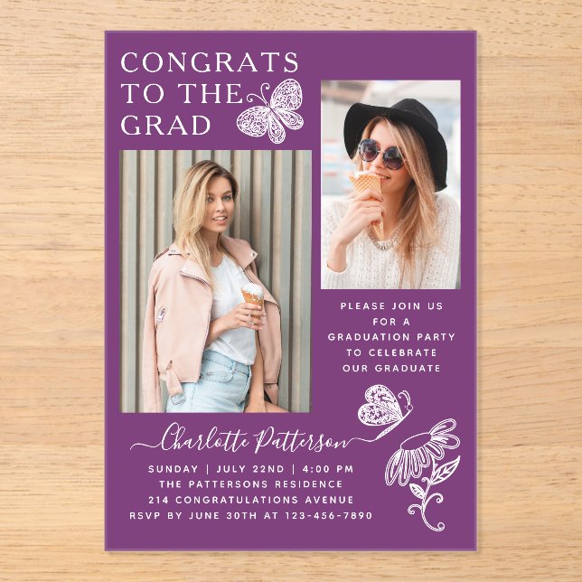 Modern Purple Butterfly Photo Graduation Party Acrylic Invitations (Front)