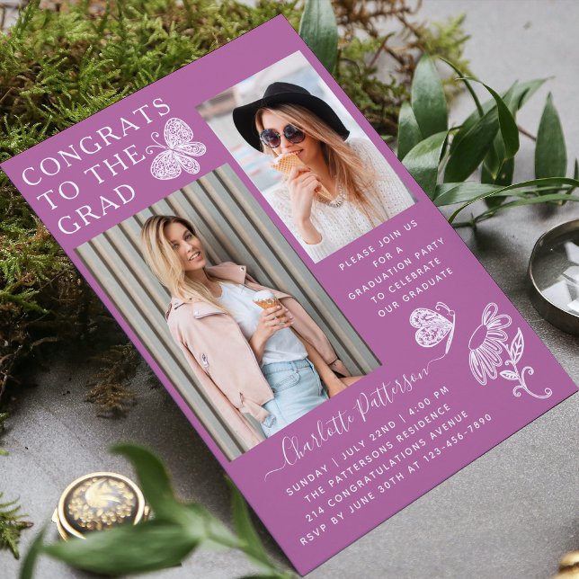 Modern Purple Butterfly Photo Graduation Party Invitation (Creator Uploaded)