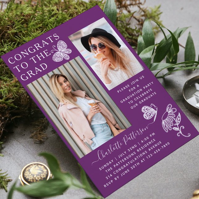 Modern Purple Butterfly Photo Graduation Party Invitation (Creator Uploaded)