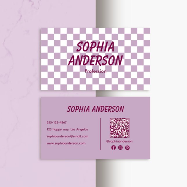 Modern Purple Chequered with QR Code Business Card (Creator Uploaded)