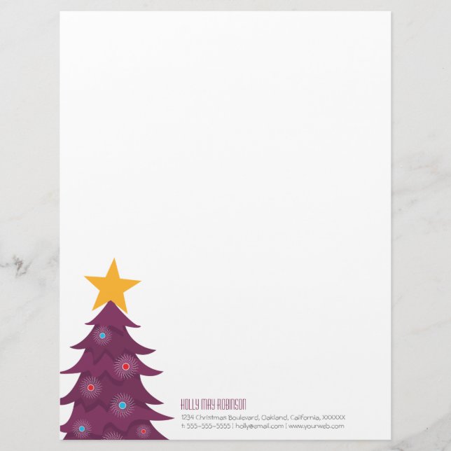 Modern Purple Christmas Tree Personal Letterhead (Front)