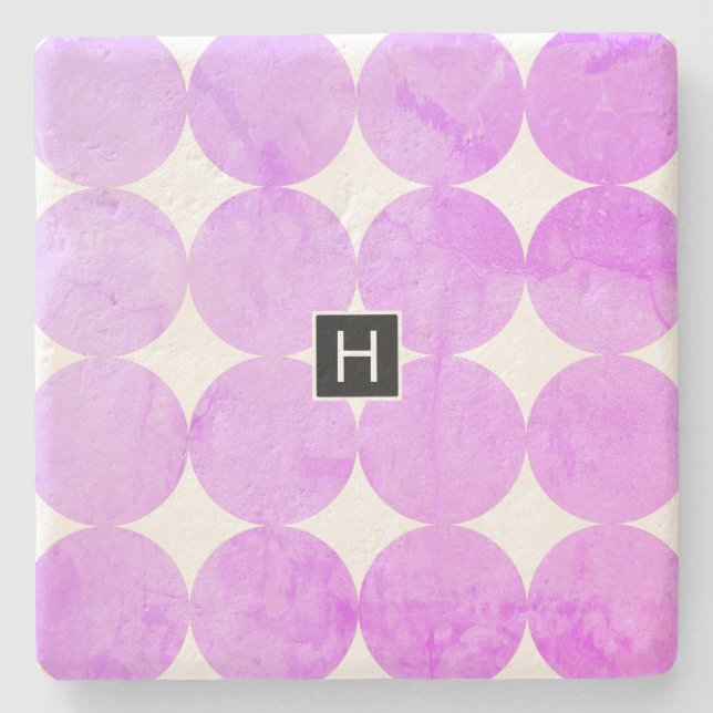 Modern Purple Circles | Monogram Stone Coaster (Front)