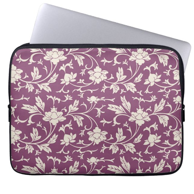 Modern Purple & Cream Floral Laptop Sleeve (Front)