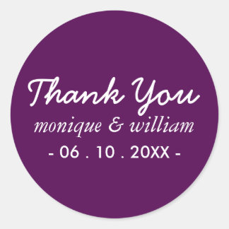 Modern Purple Cursive Thank You Wedding Classic Round Sticker