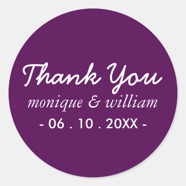 Modern Purple Cursive Thank You Wedding Classic Round Sticker (Front)