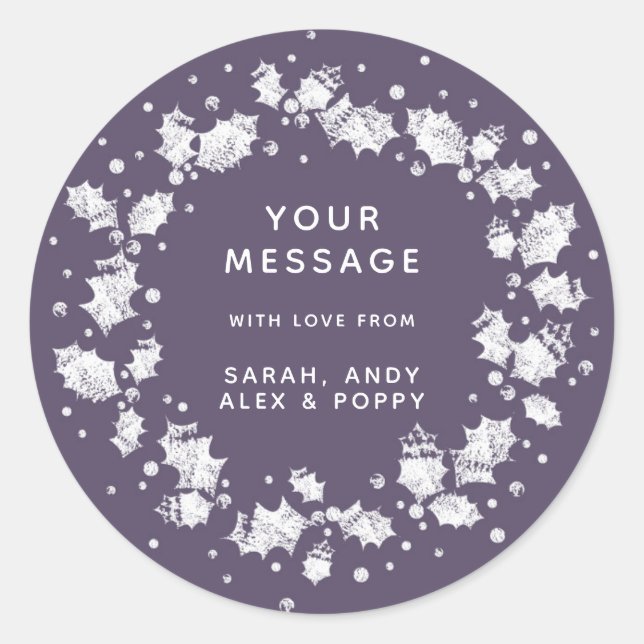 Modern Purple Custom Text Christmas Holly Wreath Classic Round Sticker (Front)