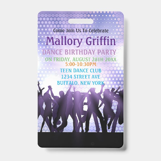 Modern Purple Dance Birthday Party Badge (Front)
