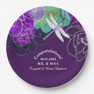 Modern Purple Dragonfly Floral Paper Plates
