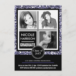 Modern Purple Faux Glitter  3 Photo Graduation Invitation