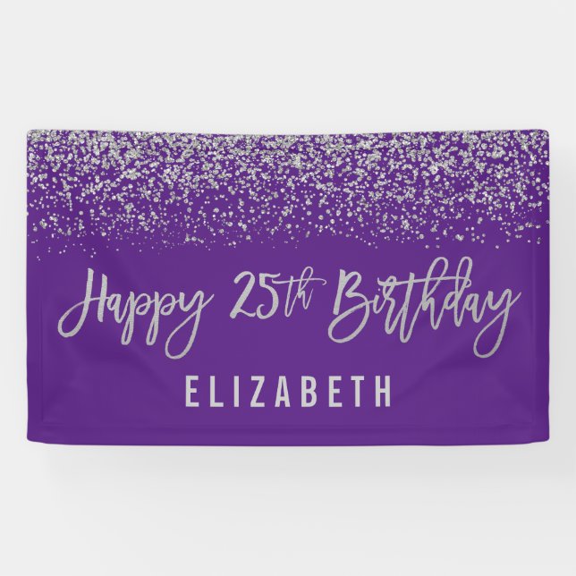 Modern Purple Faux Silver Glitter 25th Birthday Banner (Horizontal)