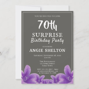 Modern Purple Floral 70th Surprise Birthday Party Invitation