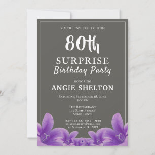 Modern Purple Floral 80th Surprise Birthday Party Invitation