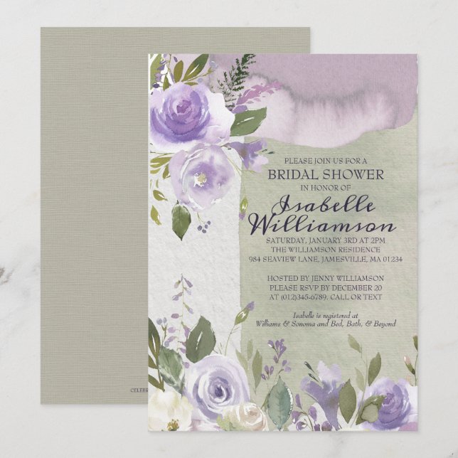 Modern Purple Floral Bridal Shower Invitations (Front/Back)