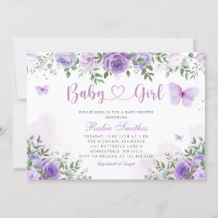 Modern Purple Floral Butterfly Girl Baby Shower Invitation