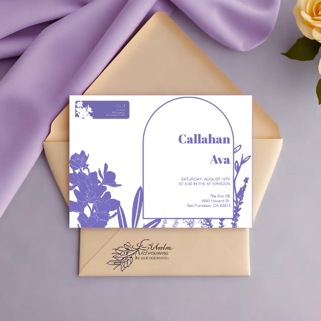 Modern Purple Floral couple names return adress (Elegant Purple Floral Couple Names & Label on a white envelope)