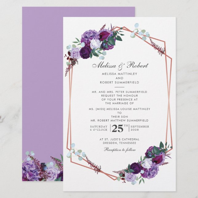 Modern Purple Floral Geometric Wedding Invitation Stationery (Front/Back)