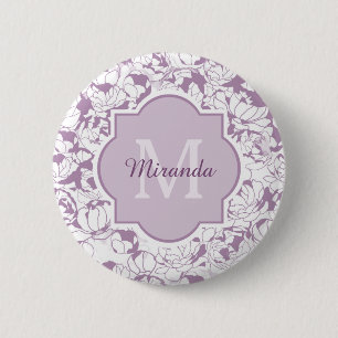 Modern Purple Floral Girly Monogram With Name 2 Inch Round Button