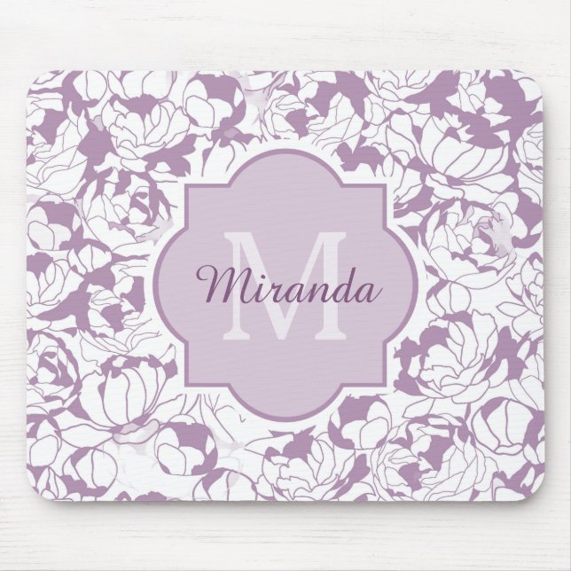 Modern Purple Floral Girly Monogram With Name Mouse Pad (Front)