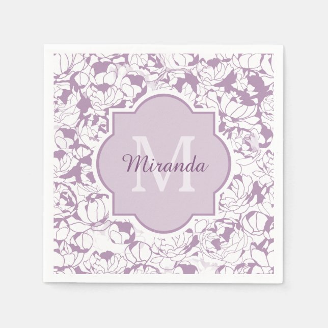 Modern Purple Floral Girly Monogram With Name Napkin (Front)