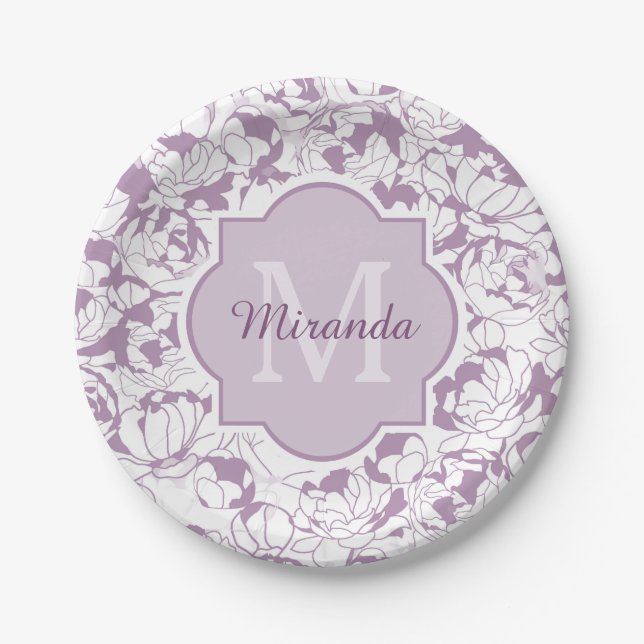Modern Purple Floral Girly Monogram With Name Paper Plate (Front)