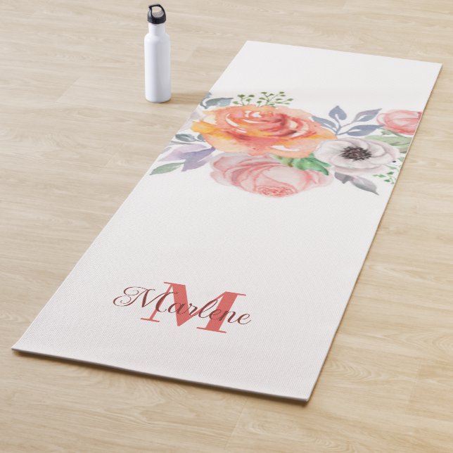 Modern purple floral pattern watercolor monogram yoga mat (In Situ)