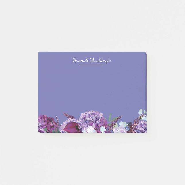 Modern Purple Floral Personalized Name Post-it Notes (Front)
