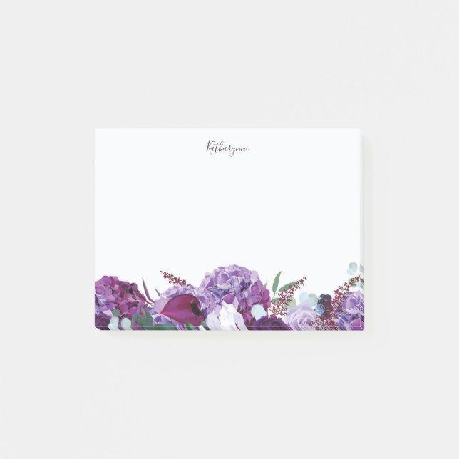 Modern Purple Floral Personalized Post-it Notes (Front)
