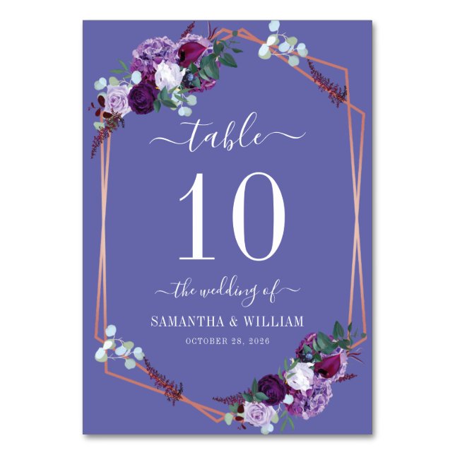 Modern Purple Floral Rose Gold Frame Wedding Table Number