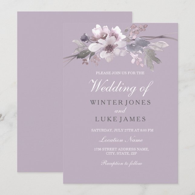 Modern Purple Floral Watercolor Wedding Invitation (Front/Back)
