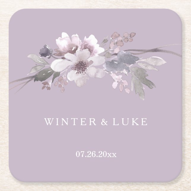 Modern Purple Floral Watercolor Wedding Square Paper Coaster (Front)