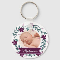 Modern Purple Floral Wreath Baby Photo Keepsake