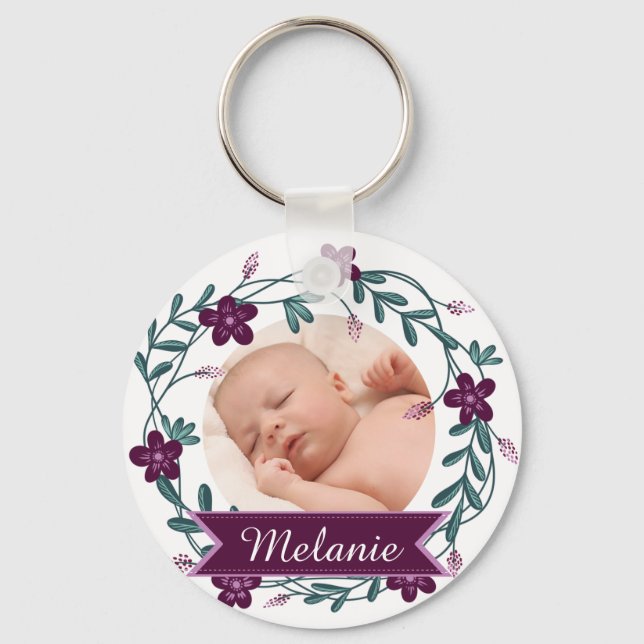 Modern Purple Floral Wreath Baby Photo Keepsake Keychain (Front)