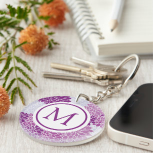 Modern Purple Flower Pattern Monogram Keychain
