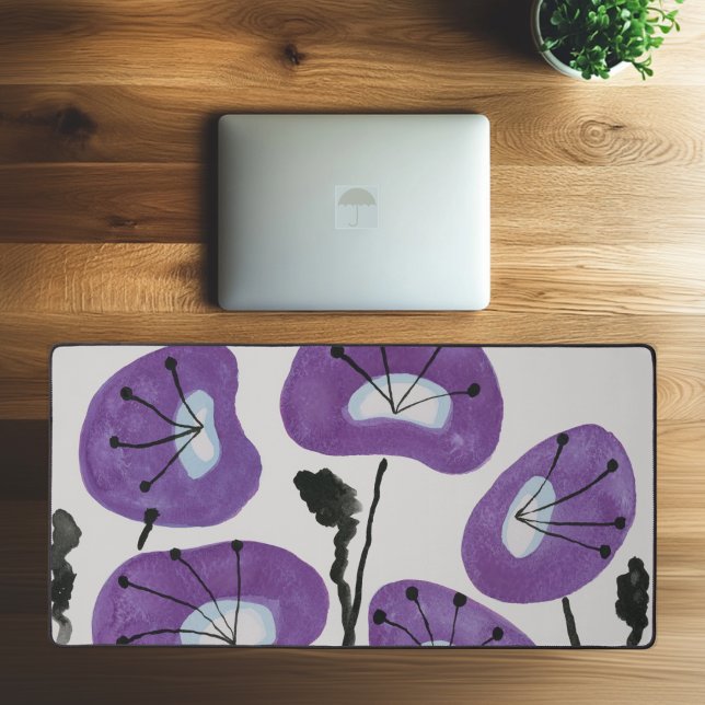 Modern Purple Flowers Watercolor Poppies Trendy Desk Mat (Desk Pad with Modern Purple Poppies, Boho Watercolor Flowers, Eclectic Desk Art)