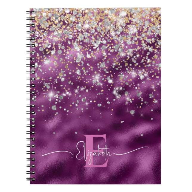 Modern Purple Foil Gold Faux Glitter Monogram  Notebook (Front)