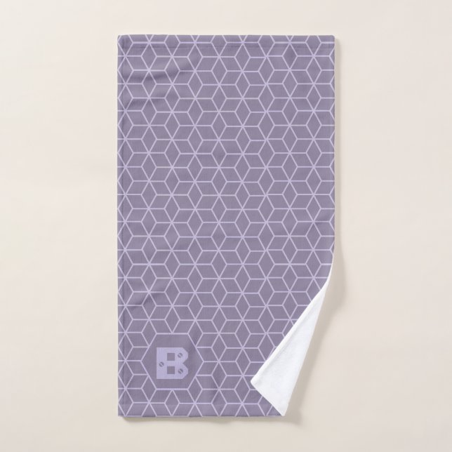 Modern Purple Geometric Cubes Pattern Monogram Bath Towel Set (Hand Towel)