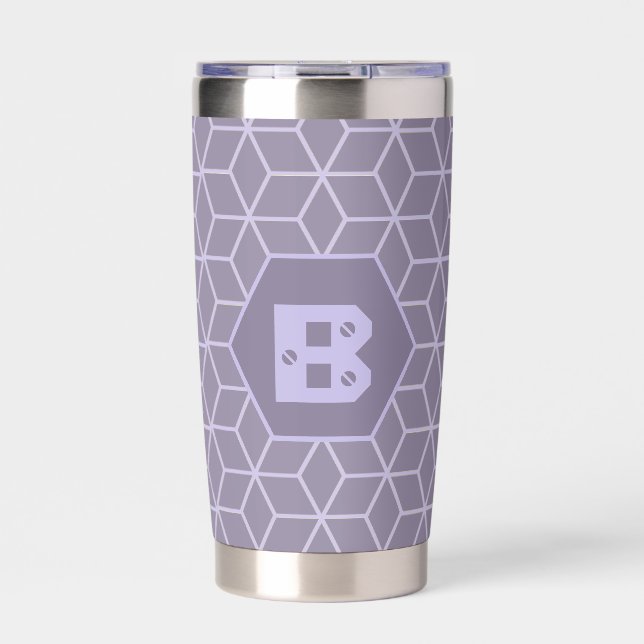 Modern Purple Geometric Cubes Pattern Monogram Insulated Tumbler (Front)