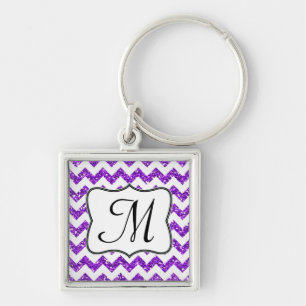 Modern Purple Glitter Chevron Zig Zag Key Chain