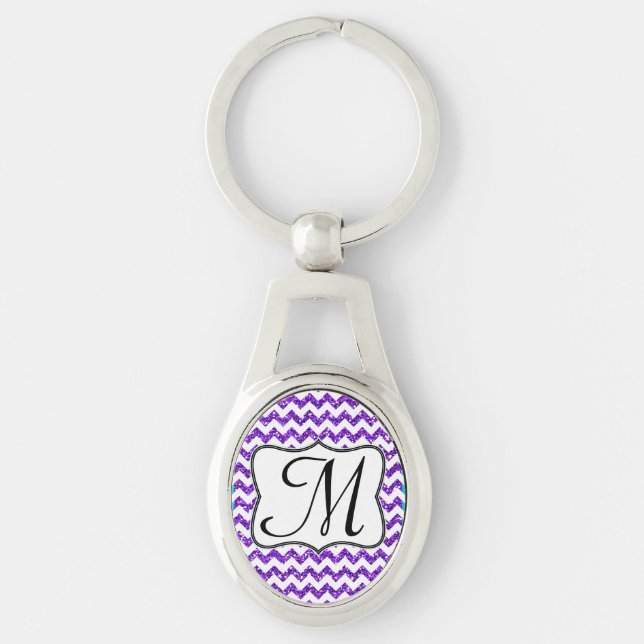 Modern Purple Glitter Chevron Zig Zag Key Chain (Front)