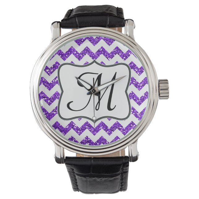 Modern Purple Glitter Chevron Zig Zag Stripe Watch (Front)