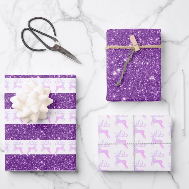 Modern Purple Glitter Christmas Reindeer Wrapping Paper Sheet (Front)