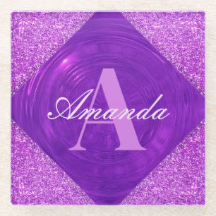 Modern Purple Glitter Girly Monogram Glass Coaster