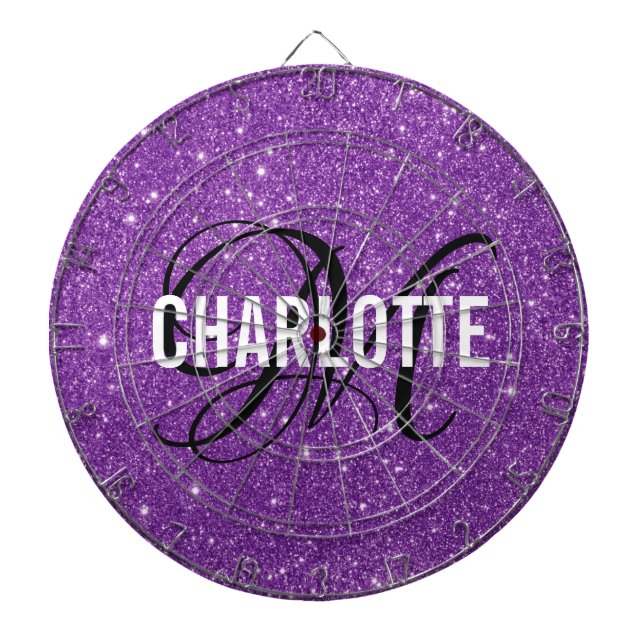 Modern purple glitter monogram name dart board (Front)