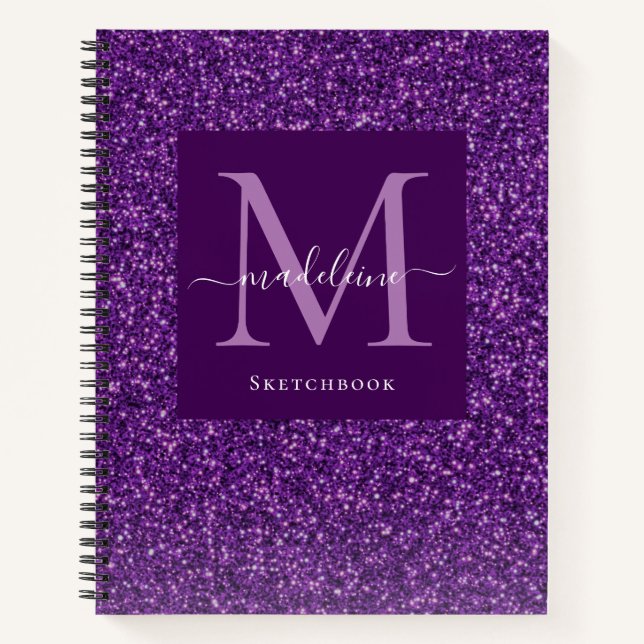 Modern Purple Glitter Monogram Sketchbook Notebook (Front)