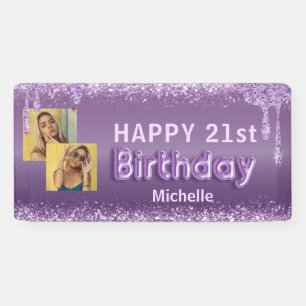 Modern Purple Glitter Photo 21st Birthday Banner