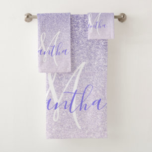 Modern Purple Glitter Sparkles Personalized Name Bath Towel Set